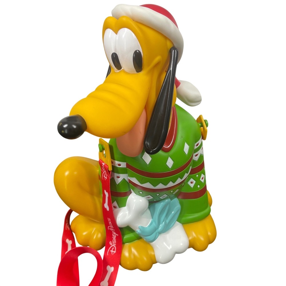 Disney Parks Holiday Pluto Popcorn Bucket Santa Hat Green Sweater Lanyard